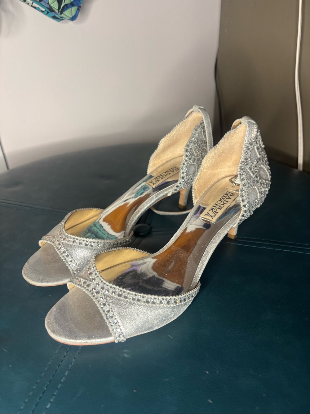 Badgley Mischka Silver Beaded Open-Toe Heels